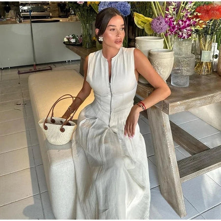 Jamie Holiday Statement Zipper Up Maxi Dress - lifestyle shot on model, off white - Miss Mosa By Akanksha