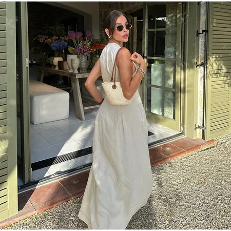 Jamie Holiday Statement Zipper Up Maxi Dress - back shot on model, off white - Miss Mosa By Akanksha