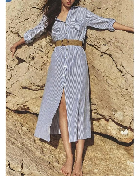 Jamie Luxe Striped Shirt Dress With Belt In Blue - full-length shot on model, blue - Miss Mosa By Akanksha