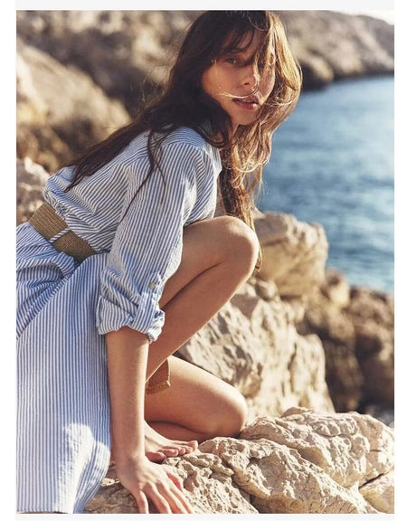 Jamie Luxe Striped Shirt Dress With Belt In Blue - lifestyle shot on model, blue - Miss Mosa By Akanksha