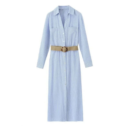 Jamie Luxe Striped Shirt Dress With Belt In Blue - flat-lay product shot, blue - Miss Mosa By Akanksha