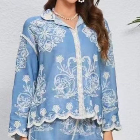 Jamie Summer Coord Set In Light Blue - close-up shot of top on model - Miss Mosa By Akanksha