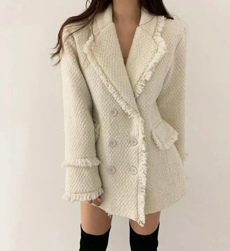Jamie Tweed 2 Pc Set - Blazer and Skirt - front shot on model, cream - Miss Mosa By Akanksha