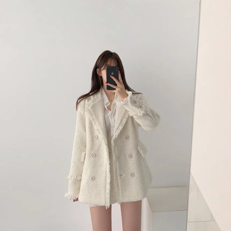 Jamie Tweed 2 Pc Set - Blazer and Skirt - front shot on model, cream - Miss Mosa By Akanksha