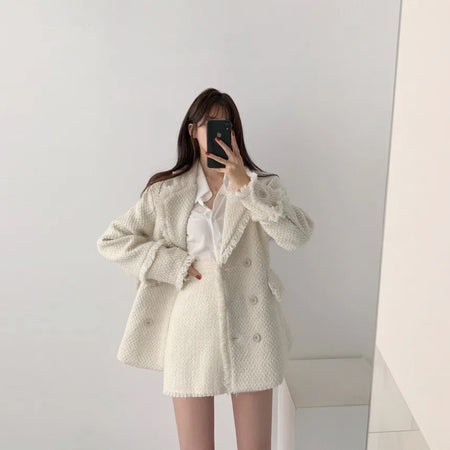 Jamie Tweed 2 Pc Set - Blazer and Skirt - front shot on model with skirt, cream - Miss Mosa By Akanksha
