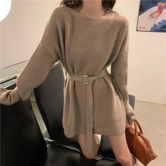 Janer Statement Winter Knitted Dress - front shot on model, beige - Miss Mosa By Akanksha