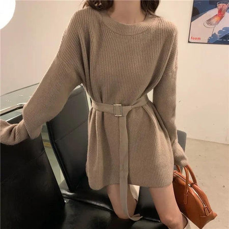 Janer Statement Winter Knitted Dress - front shot on model, beige - Miss Mosa By Akanksha
