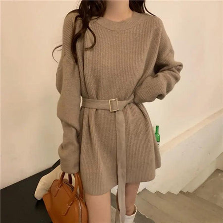 Janer Statement Winter Knitted Dress - front shot on model, camel - Miss Mosa By Akanksha