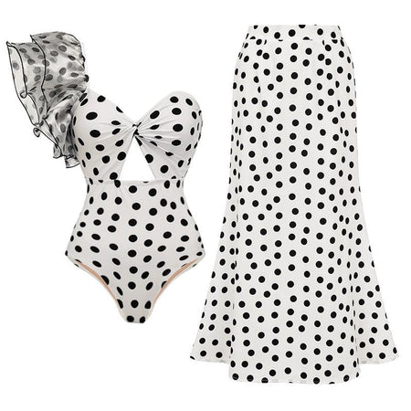 Janet Polka Swimsuit With Skirt In White - flat-lay product shot of swimsuit and skirt - Miss Mosa By Akanksha