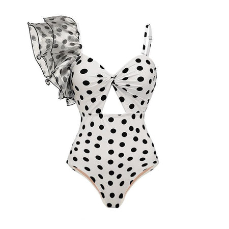 Janet Polka Swimsuit With Skirt In White - flat-lay product shot of swimsuit - Miss Mosa By Akanksha