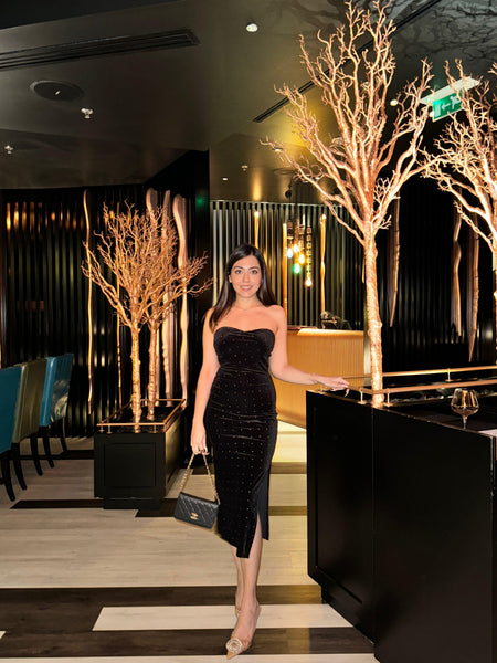 Janette Luxe Midi Dress in Black - front shot on model, black - Miss Mosa By Akanksha