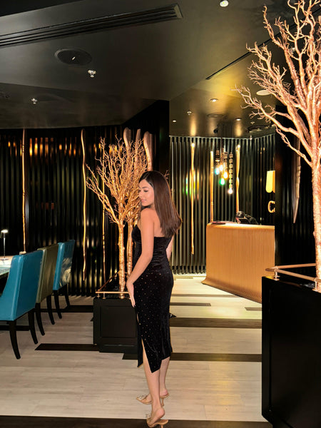 Janette Luxe Midi Dress in Black - side shot on model, black - Miss Mosa By Akanksha