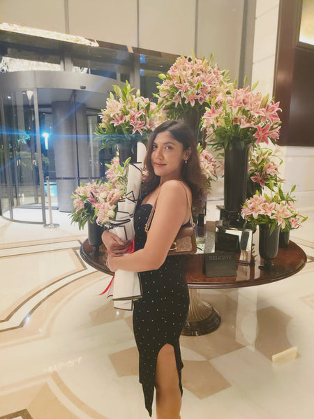 Janette Luxe Midi Dress in Black - three-quarter shot - Miss Mosa By Akanksha