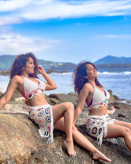 Janice Crochet Coord Set - lifestyle shot on model, white - Miss Mosa By Akanksha