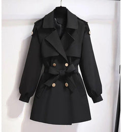 Janice Luxe Short Trenchcoat - front shot on hanger, black - Miss Mosa By Akanksha