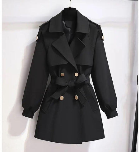 Janice Luxe Short Trenchcoat - front shot on hanger, black - Miss Mosa By Akanksha