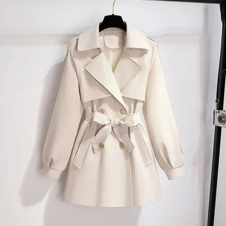 Janice Luxe Short Trenchcoat - front shot on hanger, beige - Miss Mosa By Akanksha