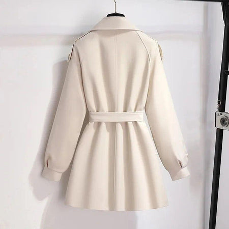 Janice Luxe Short Trenchcoat - back shot on hanger, beige - Miss Mosa By Akanksha
