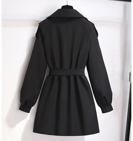 Janice Luxe Short Trenchcoat - back shot on hanger, black - Miss Mosa By Akanksha