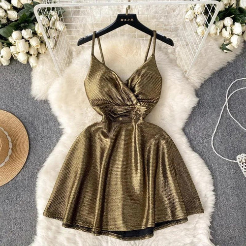 Janice Mettalic Party Dress In Brown