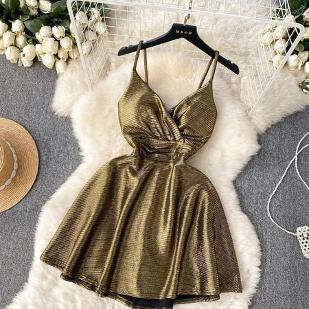 Janice Mettalic Party Dress In Brown - flat-lay product shot, gold - Miss Mosa By Akanksha