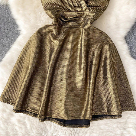 Janice Mettalic Party Dress In Brown - close-up of skirt, gold - Miss Mosa By Akanksha