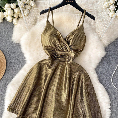 Janice Mettalic Party Dress In Brown - close-up of bodice, gold - Miss Mosa By Akanksha