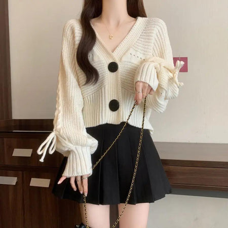 Janie Woolen Sweater - front shot on model with bag, cream - Miss Mosa By Akanksha