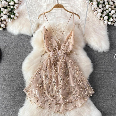 Jarold Mesh Detail Party Dress in Beige - front shot on hanger, beige - Miss Mosa By Akanksha