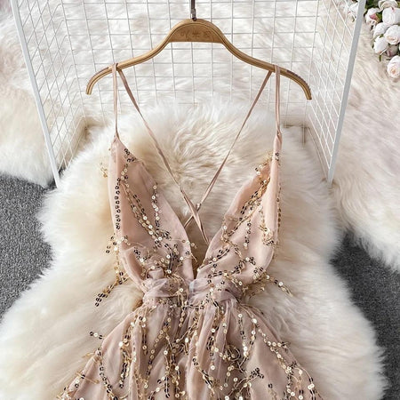 Jarold Mesh Detail Party Dress in Beige - close-up of neckline, beige - Miss Mosa By Akanksha