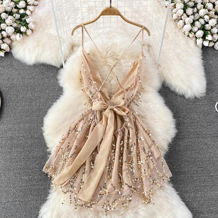 Jarold Mesh Detail Party Dress in Beige - front shot on hanger, beige - Miss Mosa By Akanksha