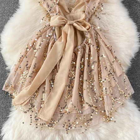 Jarold Mesh Detail Party Dress in Beige - close-up of bow detail, beige - Miss Mosa By Akanksha