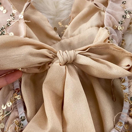 Jarold Mesh Detail Party Dress in Beige - close-up of bow detail, beige - Miss Mosa By Akanksha