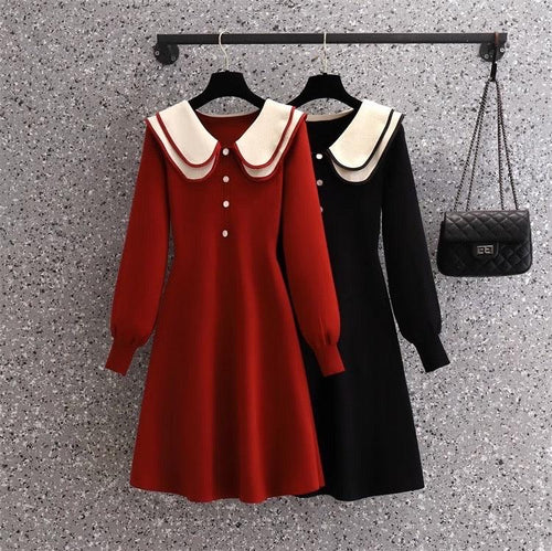 Jasper Doll Collar Knitted Dress In Red