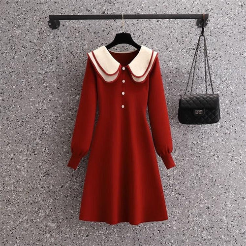 Jasper Doll Collar Knitted Dress In Red