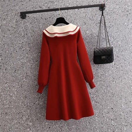 Jasper Doll Collar Knitted Dress - back shot on hanger, red - Miss Mosa By Akanksha