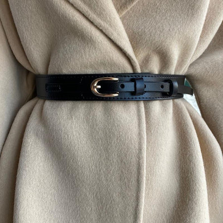 Jasper Statement Leather PU Belt - close-up of belt on coat, black - Miss Mosa By Akanksha