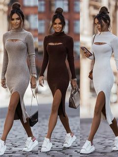 Javiya High Neck woolen Bodycon Dress - full-length shot on model, multicolour - Miss Mosa By Akanksha