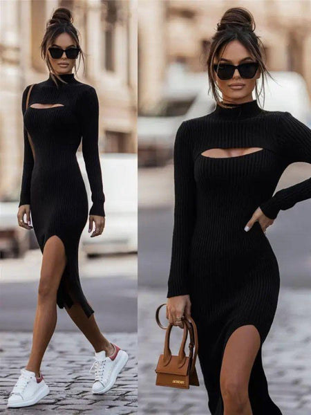 Javiya High Neck woolen Bodycon Dress - full-length shot on model, black - Miss Mosa By Akanksha