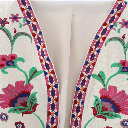 Jeeni Statement Vest Top In Beige - close-up of front embroidery detail - Miss Mosa By Akanksha
