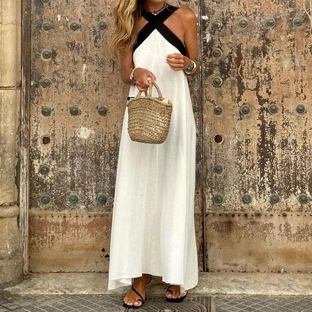Jemini Summer Holiday Dress - front shot on model outdoors, white and black - Miss Mosa By Akanksha