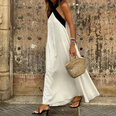 Jemini Summer Holiday Dress - full-length front shot on model outdoors, black and white - Miss Mosa By Akanksha
