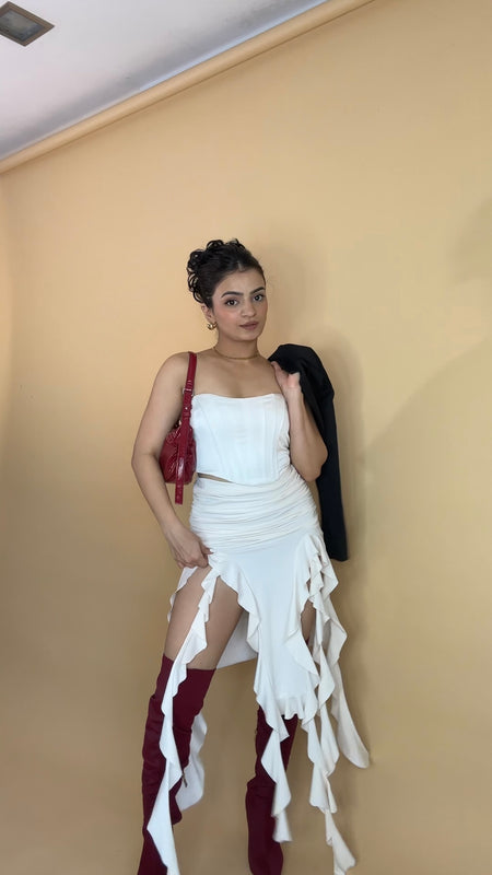 Jennie Ruffled Skirt in Offwhite - full-length shot on model, offwhite - Miss Mosa By Akanksha