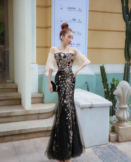 Jennifer Embellished Gown - full-length shot on model, black - Miss Mosa By Akanksha
