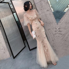Jennifer Embellished Gown - full-length shot on model, champagne - Miss Mosa By Akanksha
