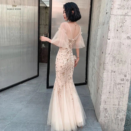 Jennifer Embellished Gown - back shot on model, champagne - Miss Mosa By Akanksha