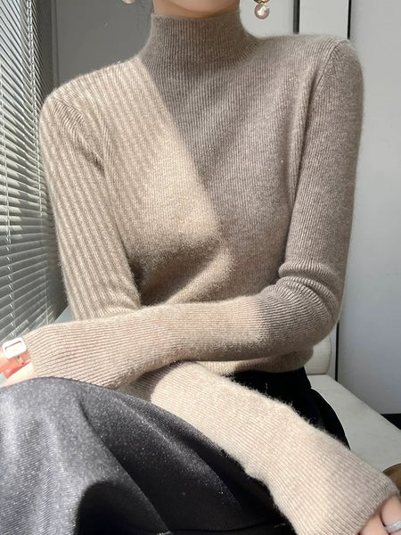 Jenny Premium Turtleneck Sweater - front shot on model, beige - Miss Mosa By Akanksha