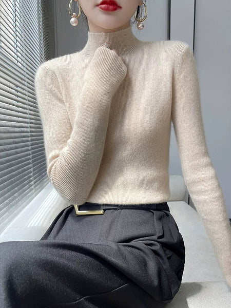 Jenny Premium Turtleneck Sweater - front shot on model, beige - Miss Mosa By Akanksha
