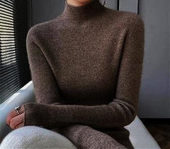 Jenny Premium Turtleneck Sweater - close-up of turtleneck on model, brown - Miss Mosa By Akanksha