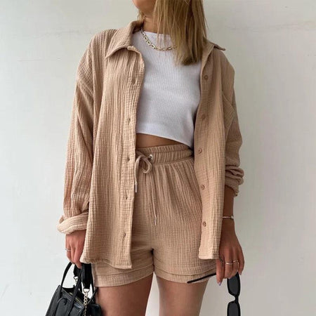 Jeremy Summer Two Piece Set - front shot on model, beige - Miss Mosa By Akanksha